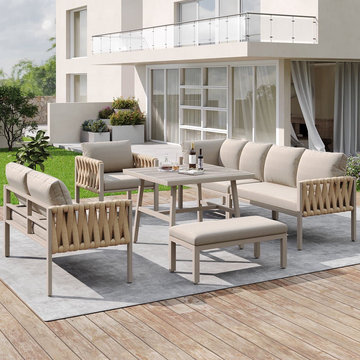 HAUSS SPOLE Loungeset 5 Delig 238 Cm - Hoekbank Met Verstelbare Poten En Glazen Tafel - Voor Tuin En Terras - Metaal - Beige thumbnail 2