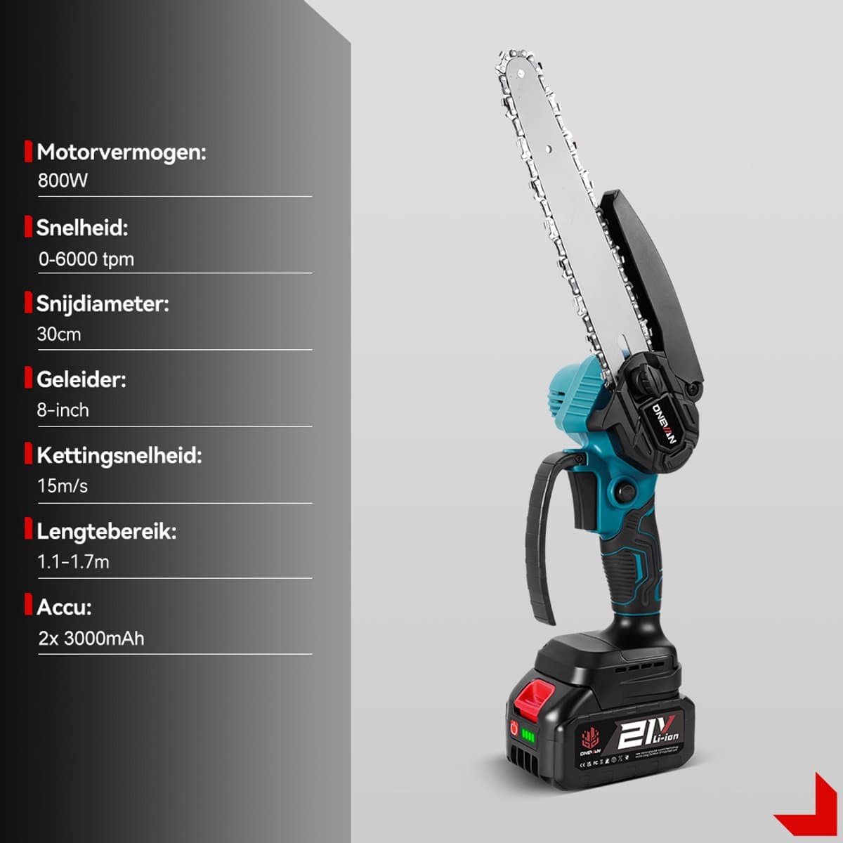 ONEVAN Accu Telescopische Kettingzaag - 8 Inch Elektrische Kettingzagen - Borstelloze Motor - Met 2 Accus - Telescopisch Snoeien Bundel - voor boomtakken, houtzagen thumbnail 3