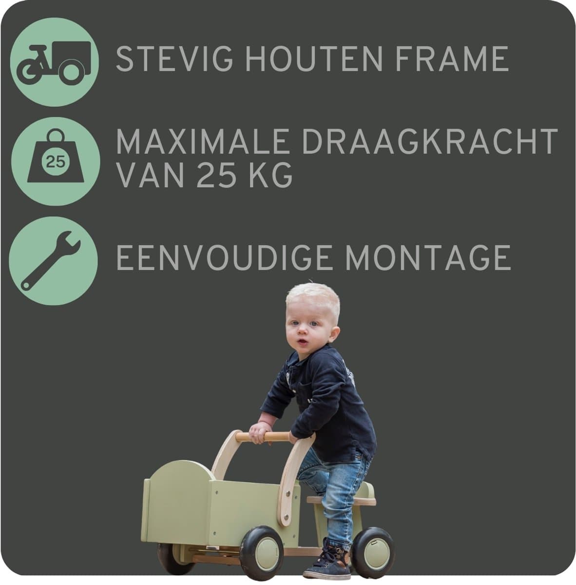 Bandits & Angels Bakfiets Loopfiets Hout Little Rider Retro Green vanaf 1 jaar - Voor Jongens en Meisjes - Ride-On Houten Bakfiets - Houten Loop Fiets Groen - Geluidsarme Wielen - Kraamcadeau thumbnail 8