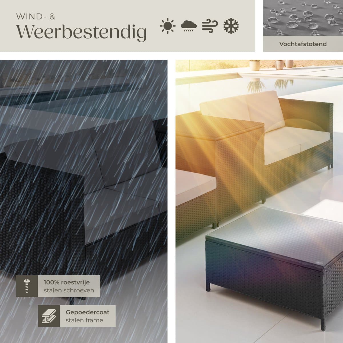 tectake® Wicker zitgroep - Tuinmeubelset - 2 banken met extra dikke kussens - Tafel met glazen blad - Tuinmeubelen voor terras - Tuin - Balkon - Buitenmeubels - Inclusief opbergbox - Maximale belasting bank 200 kg en tafel 45 kg - Zwart thumbnail 6