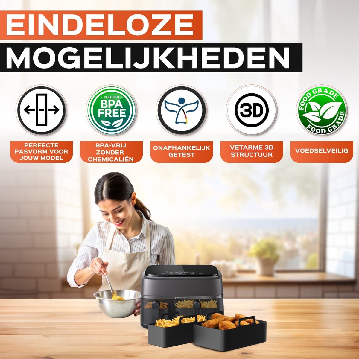UNBOX Airfryer Siliconen Bakjes - Accessoires voor Dubbele Airfryer zoals Philips Airfryer 3000 series - Tefal Easy Fry Dual XXL - Airfryer Accessoires - Airfryer Bakpapier - Airfryer Mandje thumbnail 7