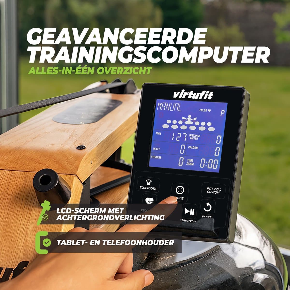 VirtuFit Elite Roeimachine met Waterweerstand - Eikenhout - Ruimtebesparend - Bluetooth - Kinomap & EXR Compatibel - Roeitrainer - Roeiapparaat thumbnail 5