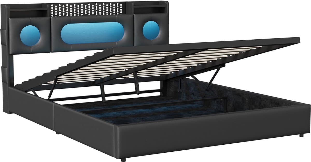 Opbergbed 160x200 cm – Hydraulisch tweepersoonsbed – Zwart PU-leer – Met LED-hoofdbord, opbergruimte, USB & Type-C thumbnail 8