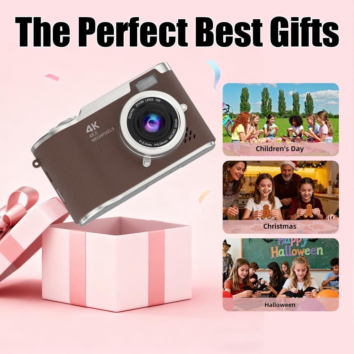 Digitale camera - 4K Digitale Camera 48MP met Flip Screen – Selfiecamera met 8x Zoom + 32GB Geheugenkaart - met 2,4 inch HD-kantelscherm, ingebouwd LED-invullicht - Vlogcamera - digitale camera kinderen - voor tieners en studenten (Bruin) thumbnail 7