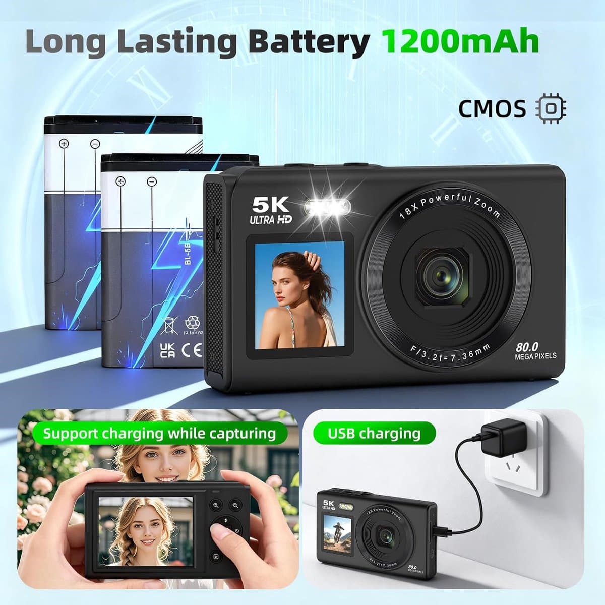 Camera - 5K Digitale camera - 80MP camera met dubbel scherm voor fotografie en vloggen, 18x zoom, autofocus, invullicht, compacte vlogcamera voor studenten, reizen, tieners en beginners, inclusief 64GB geheugenkaart fototoestel（zwart） thumbnail 4