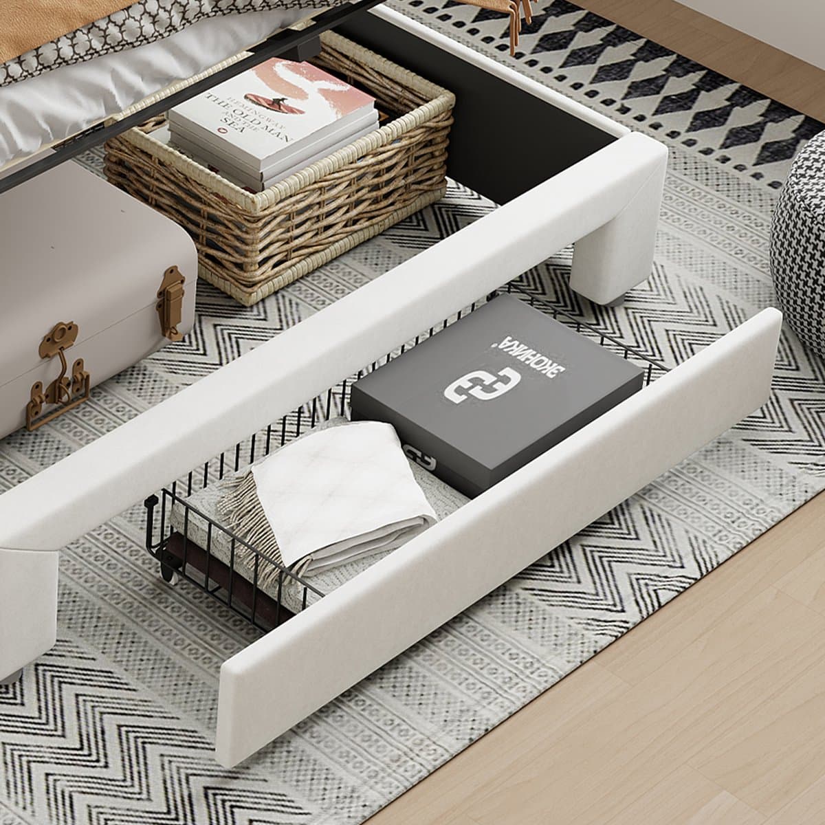 Opbergbed 160x200 cm crèmewit met opbergruimte in het hoofdbord, lade, LED-verlichting en USB-oplaadpoort, gestoffeerd tweepersoonsbed thumbnail 6