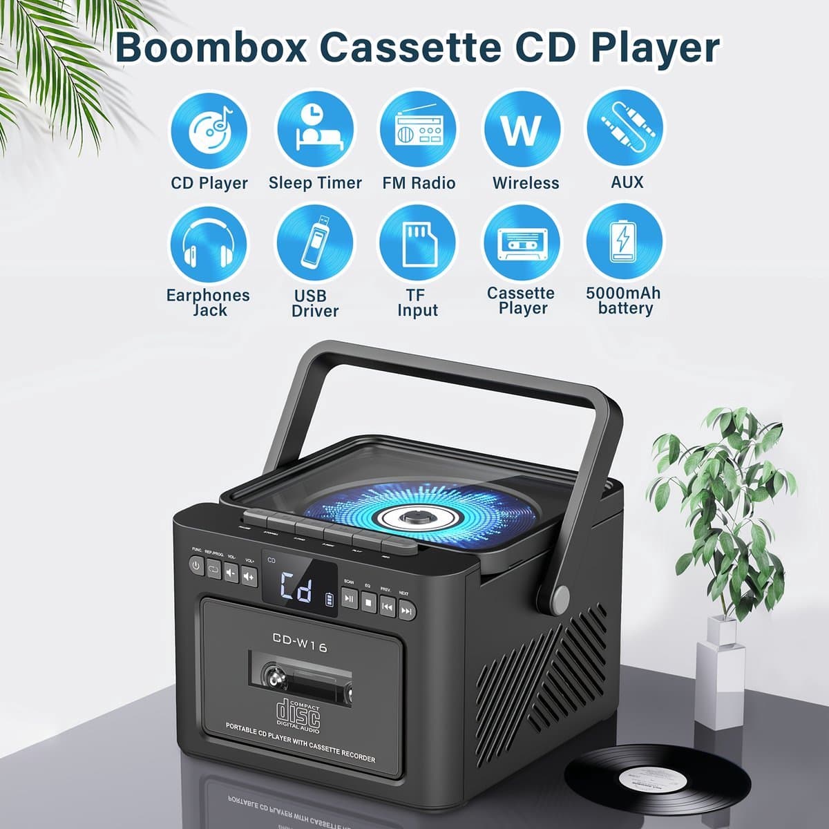 Draagbare CD-Cassette Speler - Retro Stijl - Boombox met 5000mAh Accu - Dubbele Stereo Luidsprekers - FM Radio - Met Afstandsbediening - USB/TF Kaart/AUX - Cassette Recorder - Voor Thuis, Reizen, Buiten, Huisentertainment thumbnail 3