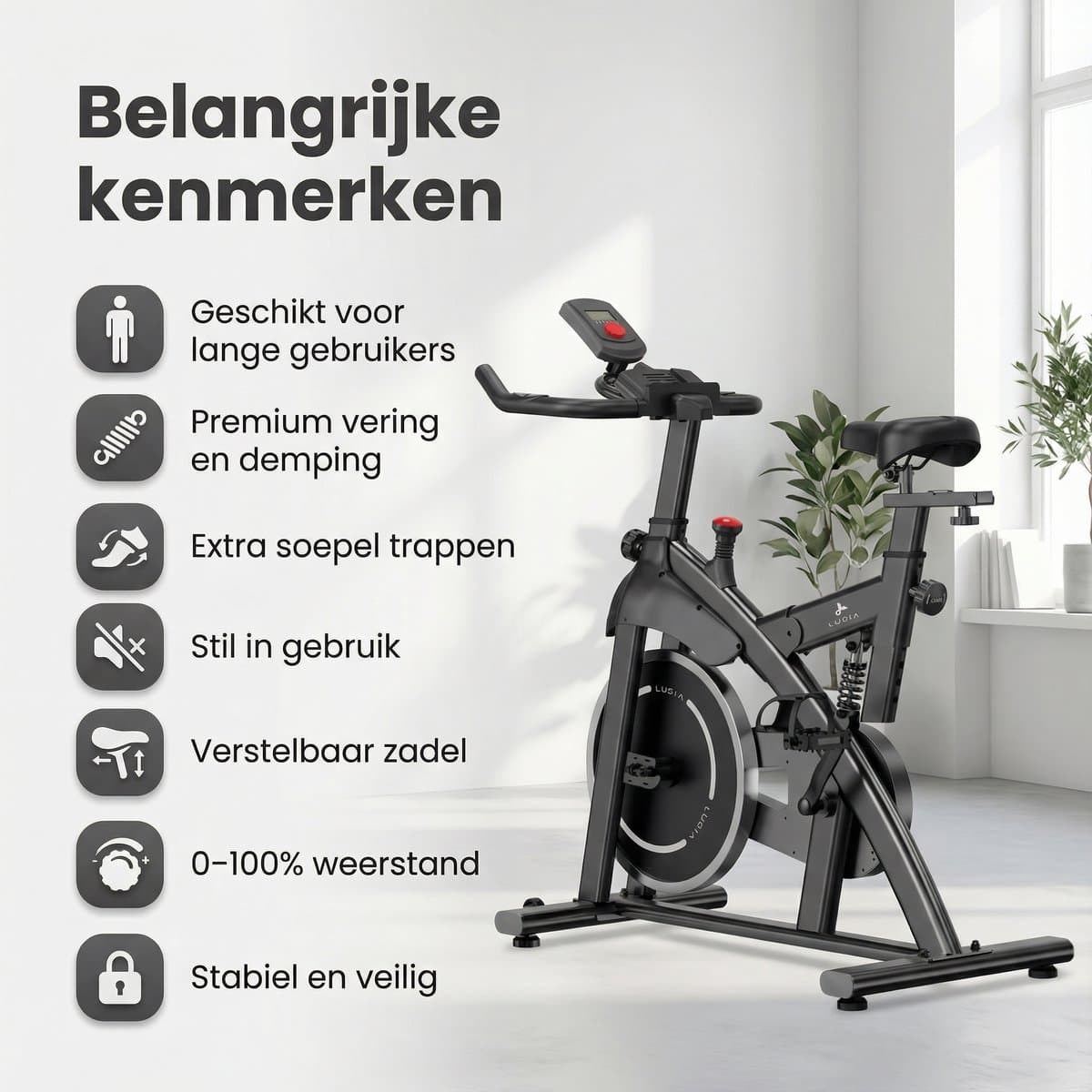 Lugia Hometrainer Pro – Fitnessfiets voor Lange Gebruikers – Premium Vering & Demping – Extra Soepel & Stil – Verstelbaar Zadel – 0-100% Weerstand thumbnail 5