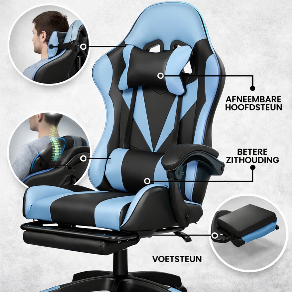 Bayt Gamestoel - Gaming chair - Gamingstoel - Comfort gamer stoel - Zwart en Lichtblauw thumbnail 4