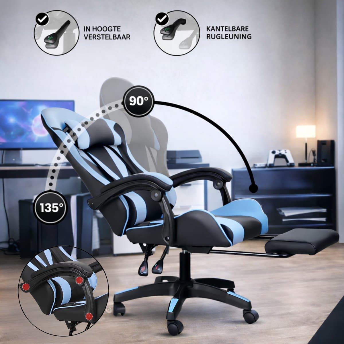 Bayt Gamestoel - Gaming chair - Gamingstoel - Comfort gamer stoel - Zwart en Lichtblauw thumbnail 2