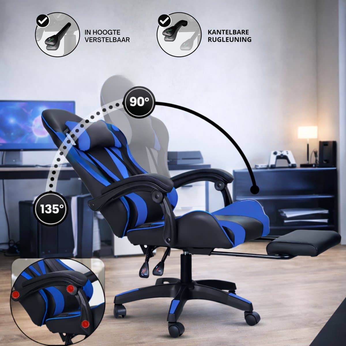 Bayt Gamestoel - Gaming chair - Gamingstoel - Comfort gamer stoel - Zwart en Donkerblauw thumbnail 5
