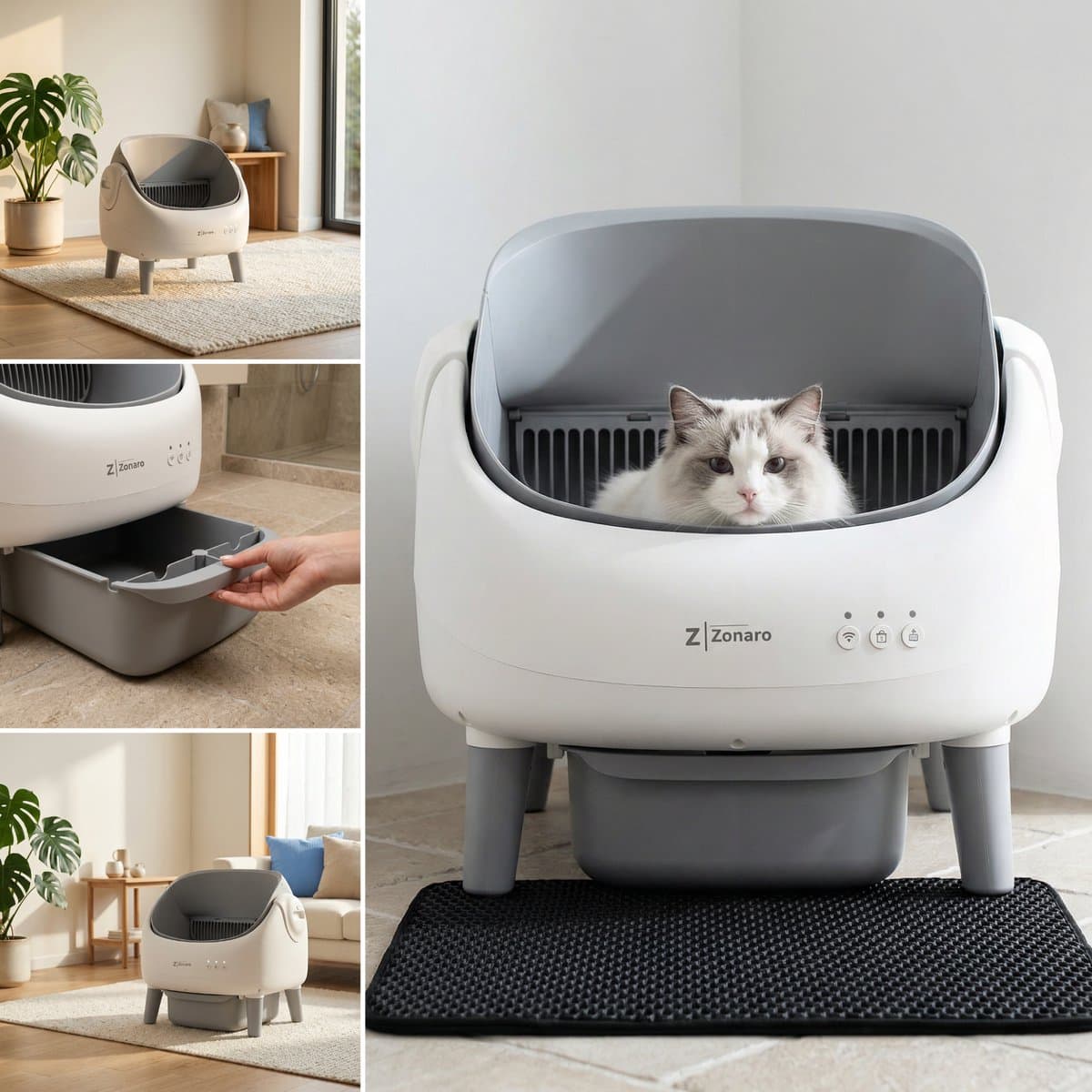 Zonaro Automatische Kattenbak – Zelfreinigende Kattenbak – Elektrische Kattenbak – Robot Kattenbak – XXL – Met App Bediening – Inclusief Kattenbak Mat & Zakken – Wit/Grijs thumbnail 6