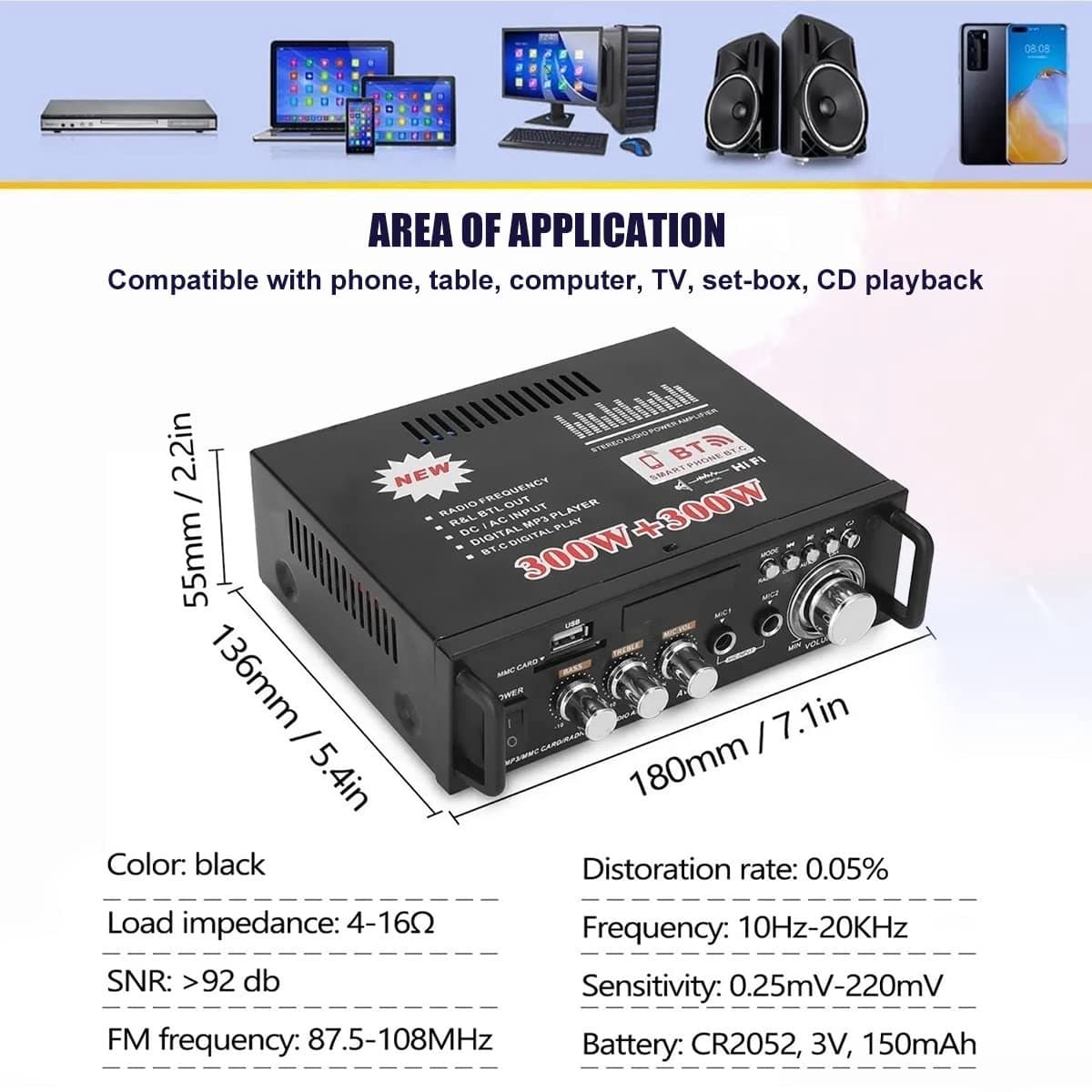 Mini-versterker HiFi - Bluetooth 5.0, 600W, FM-radio, USB/SD thumbnail 4