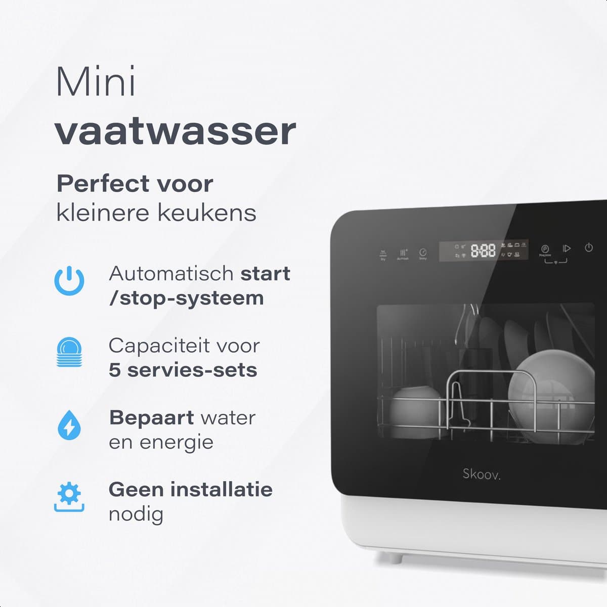 Skoov Mini Vaatwasser met waterreservoir - 3 couverts - 7 wasprogramma's - Kleine smalle vrijstaande afwasmachine - Camping - Wit thumbnail 3