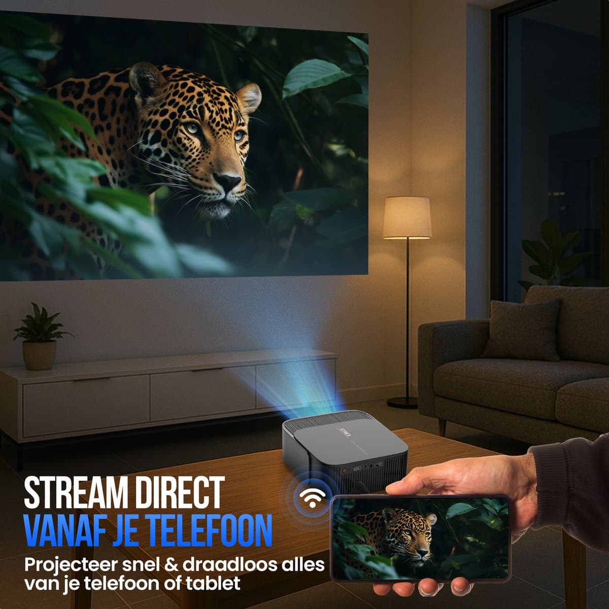 Strex Beamer - Smart 1080P Full HD Projector - 4K Ondersteuning - WiFi & Bluetooth - Ingebouwde Speakers - Draagbare Mini Beamer Thuisbioscoop - WhaleOS - Inclusief Opbergtas thumbnail 6