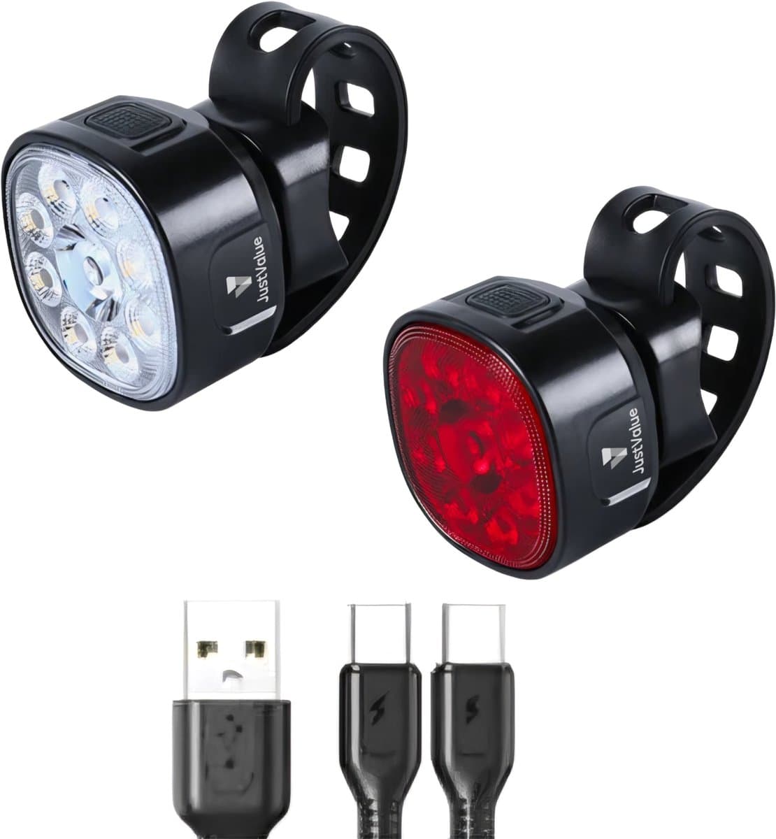 JustValue Fietsverlichting - USB oplaadbaar - Voorlicht & Achterlicht - 8+7 Lichtstanden - IP65 Waterdicht - Led Fietslamp - Valbestendig - Koplamp fiets - Zwart thumbnail 5