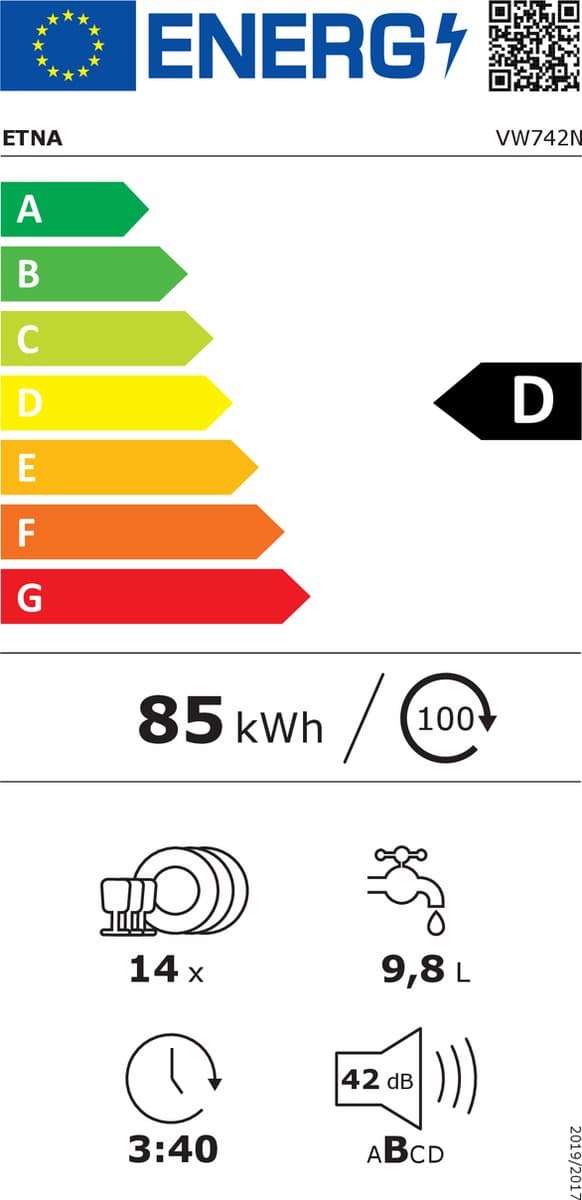 ETNA VW742N - Inbouw vaatwasser 60cm - Volledig geïntegreerd - Energieklasse D - Geluidsniveau 42 dB(A) - 14 couverts - LED binnenverlichting - Self clean thumbnail 3