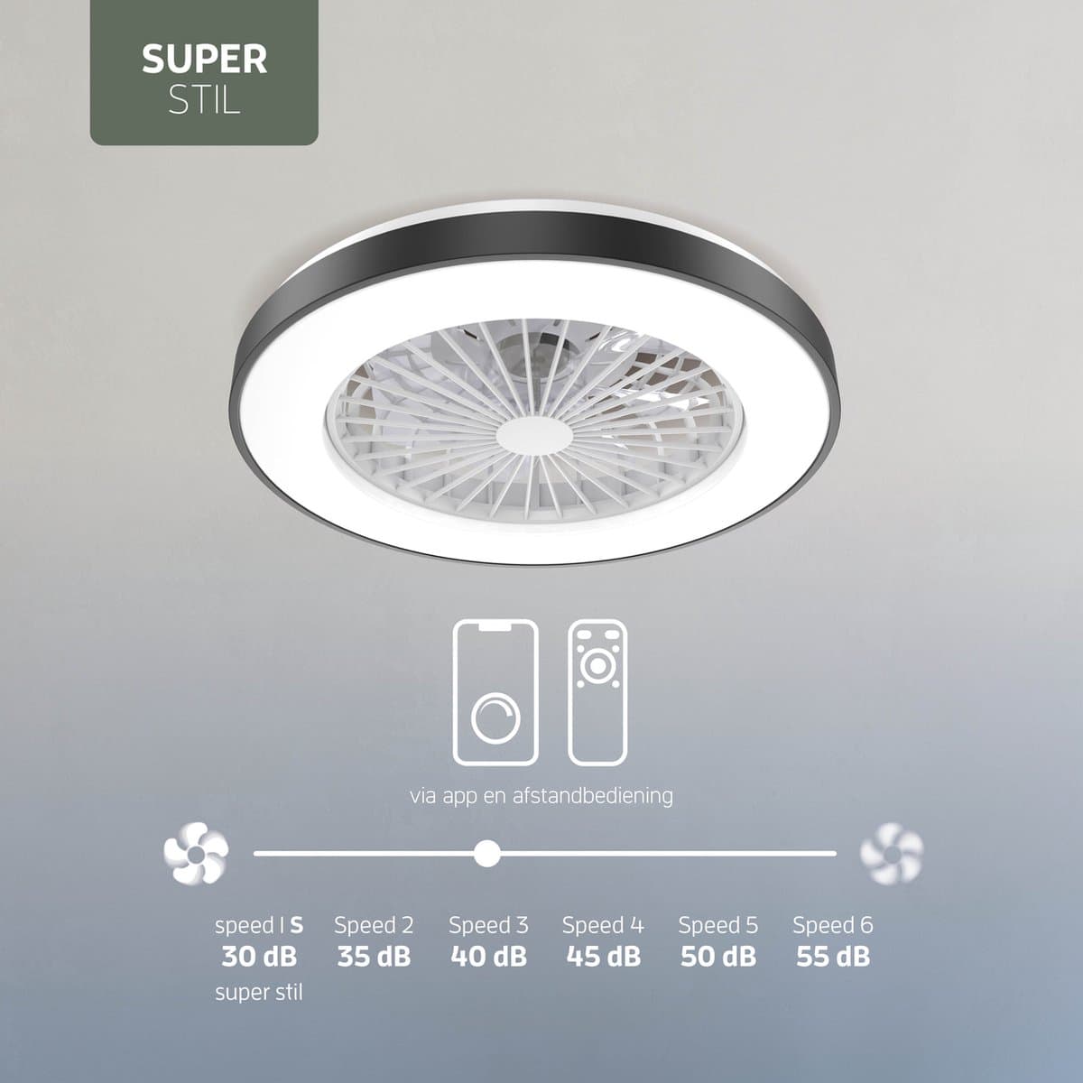Varin® Ventilator met LED verlichting - Zwart - Tuya Wifi - LED RGBW - Ø 48cm - 6 snelheden - Super stil - Met afstandsbediening en gratis app - Ventilatorkachel - Ventilatoren plafond - Verkoeling en verwarming thumbnail 4