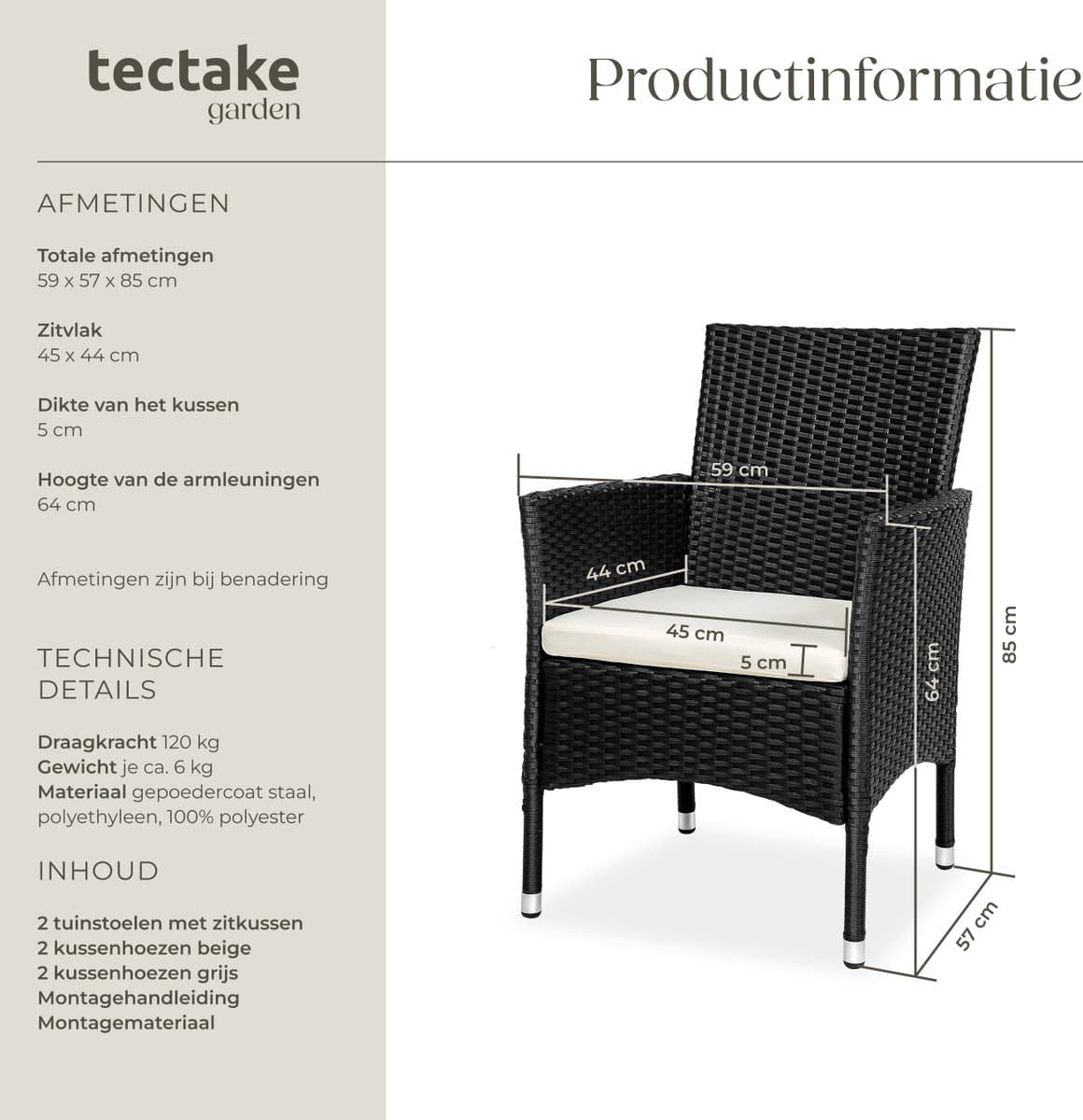 tectake® - Wicker tuinstoelen - Set van 2 - UV-bestendig - Stalen frame - Regenbestendige afneembare hoezen in 2 twee kleuren - Voor terras of balkon - zwart thumbnail 8