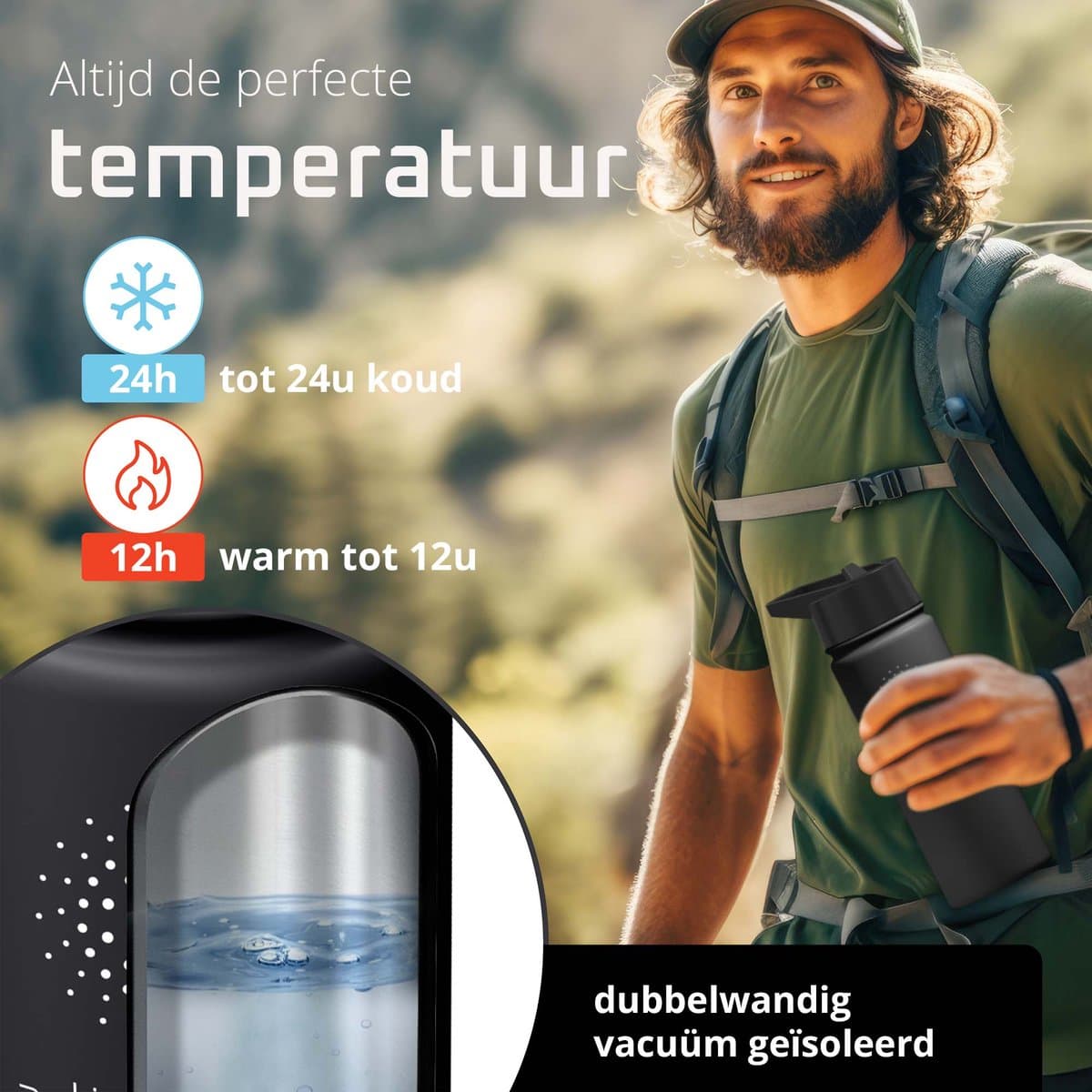 bemaxx Drinkfles met Rietje RVS Thermosfles ACTIVE FLASK (3 Drinkdoppen met Infuser), Volwassenen Kinderen, BPA-Vrij + Lekvrij | 1 Liter/500 ml Isoleerfles, Vacuüm Waterfles Sport Fitness Fietsen Water Fles Waterbidon Sportbidon thumbnail 5