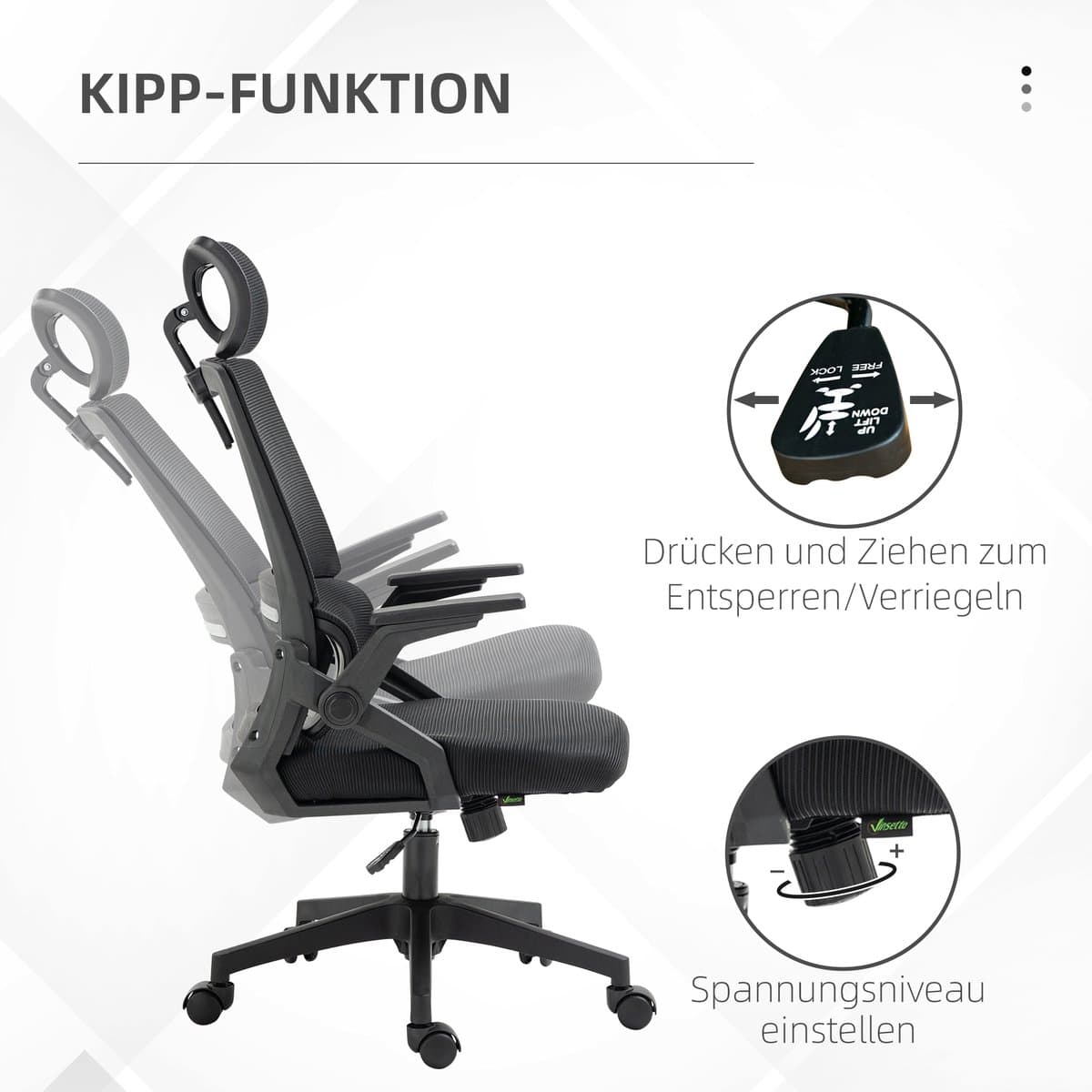 Vinsetto Bureaustoel Ergonomisch, Bureaustoel met Verstelbare Hoofdsteun, Armleuning Hoogte Verstelbare Computerstoel Draaistoel met Schommelfunctie, Lendensteun, Mesh, Zwart thumbnail 4