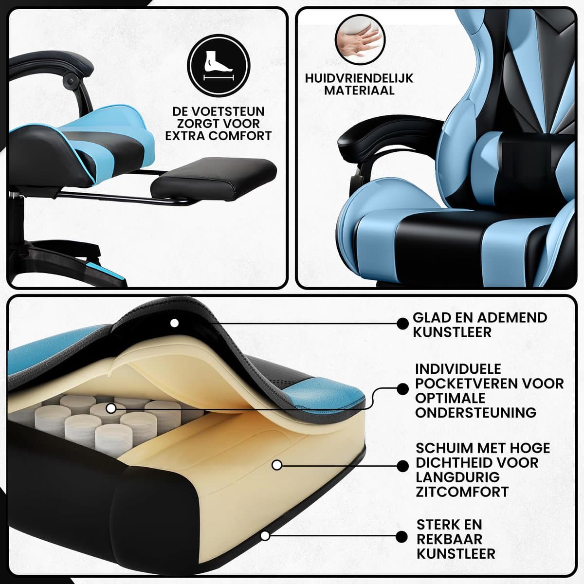 Bayt Gamestoel - Gaming chair - Gamingstoel - Comfort gamer stoel - Zwart en Lichtblauw thumbnail 5