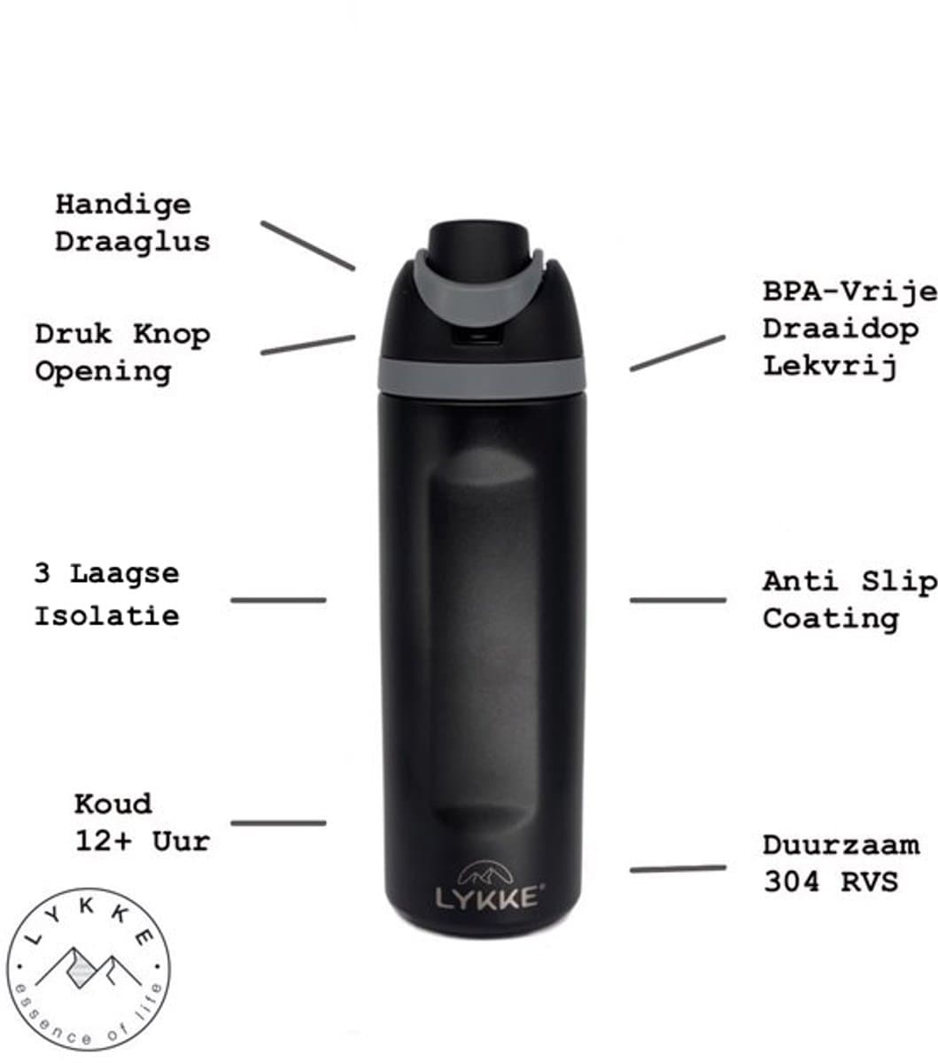 LYKKE® Freesip Thermos Lekvrij Beker 3 Laagse Geïsoleerde RVS-fles met rietje voor sport, reizen en school BPA-vrije sportwaterfles, 24 oz, 720 ML, Zwart (Midnight) thumbnail 8