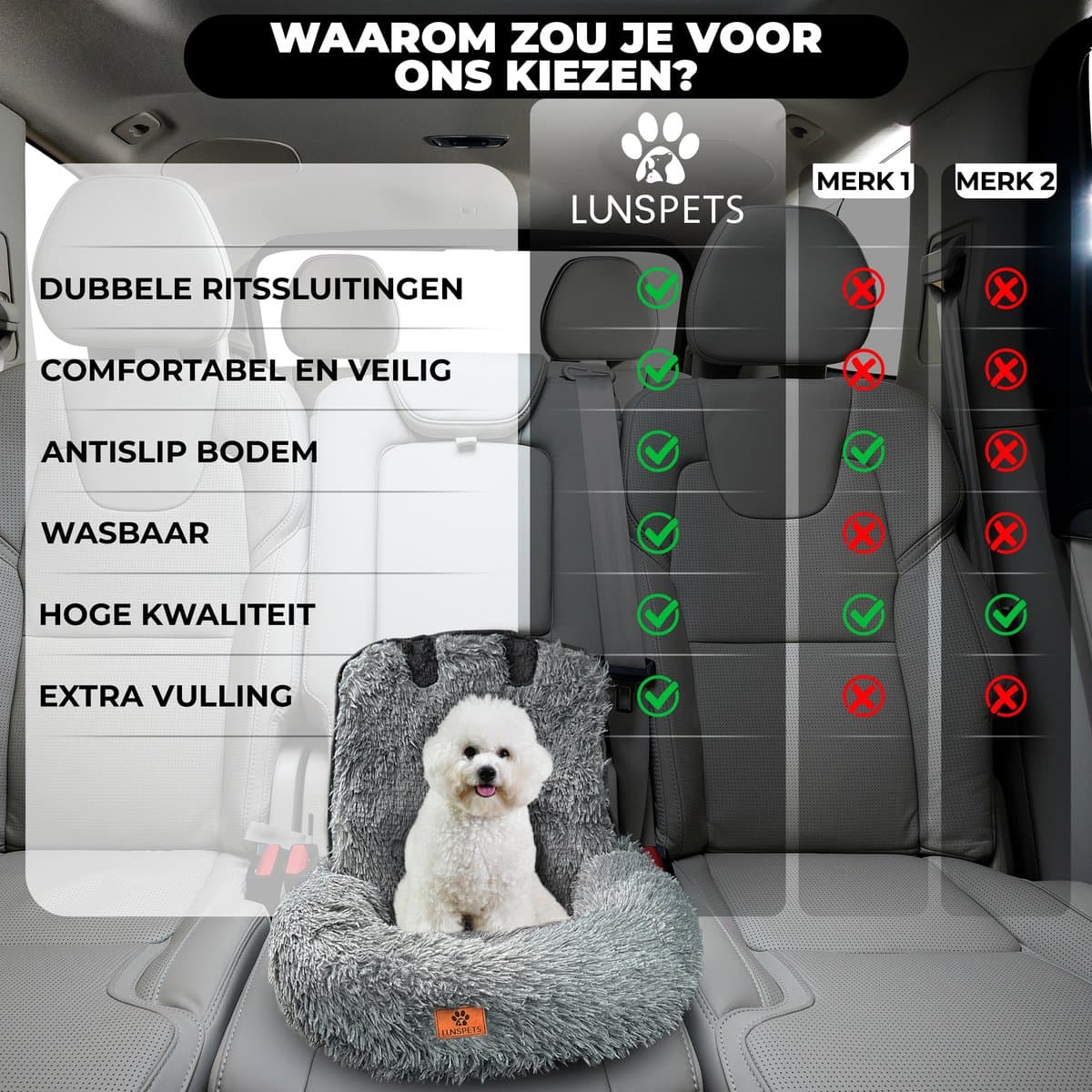 Lunspets - Hondenmand Auto - Autostoel Hond - Automand Hond - Zacht - Wasbaar - Donkergrijs thumbnail 7