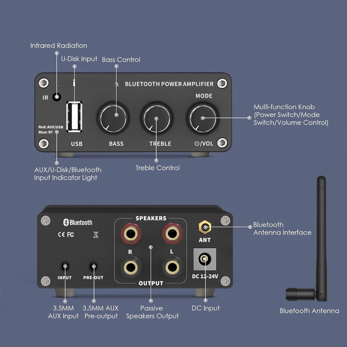 Mini Versterker - Versterker HiFi - voor Passieve Luidsprekers - met Treble - Bass Controle - Bluetooth 5.0 - AUX - U-Schijf - 200W - 92dB - 11.99 x 8.99 x 3 cm - Zwart thumbnail 6