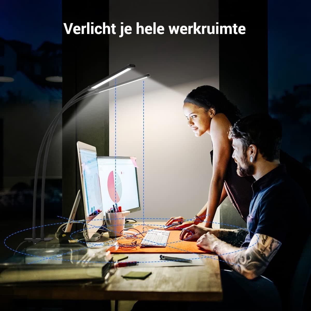 LotaHome - Bureaulamp LED Dimbaar - Dubbele Flexibele Bureauverlichting - Bureaulamp met Klem - Desklamp - Laptoplamp - Tafellamp - Werkverlichting - Inklapbaar - Bureauaccessoires - 5 Lichtstanden en 3 Dimfuncties - Touchscreen - Afstandsbediening thumbnail 4