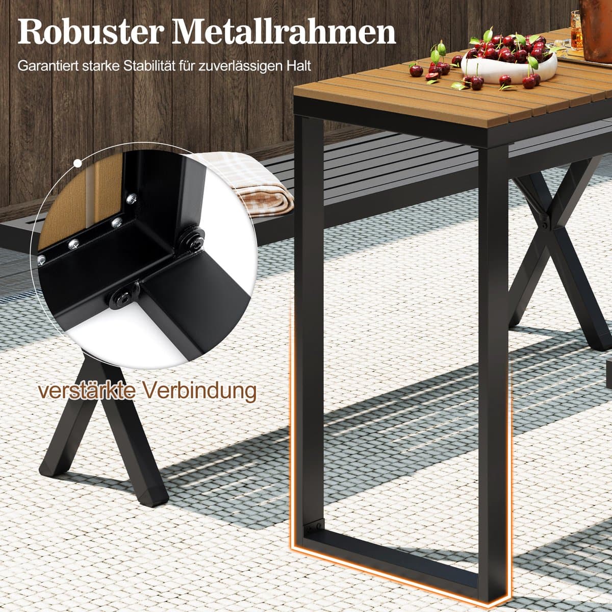 COSTWAY Tuintafel, weerbestendig, 129 x 42 cm, terrastafel met WPC-tafelblad en metalen frame, rechthoekige balkontafel, outdoor-eettafel voor balkon, terras, tuin thumbnail 2