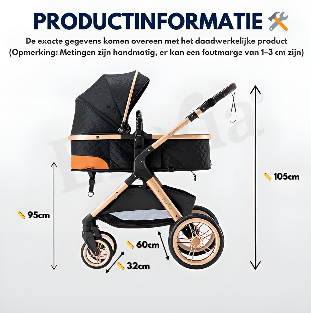 Kinderwagen 3 in 1 Zwart - incl. Àutostoel - 0-25kg - Luiertas- XXL - Buggy 3in1 - Verstelbare duwstang - Opvouwbaar - Wandelwagen - XXL zonnekap - Rubberen wielen - Reiswieg- 8 cadeaus- Elovia thumbnail 4