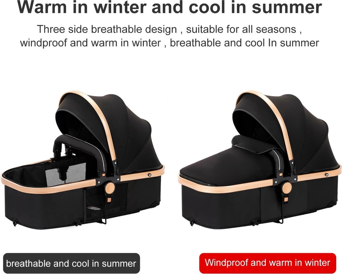 Luxe 3-in-1 Kinderwagen - Wandelwagen - Autostoeltje - Buggy - Reiswieg - Inklapbaar - 0-36 Maanden - Zwart/Goud thumbnail 8