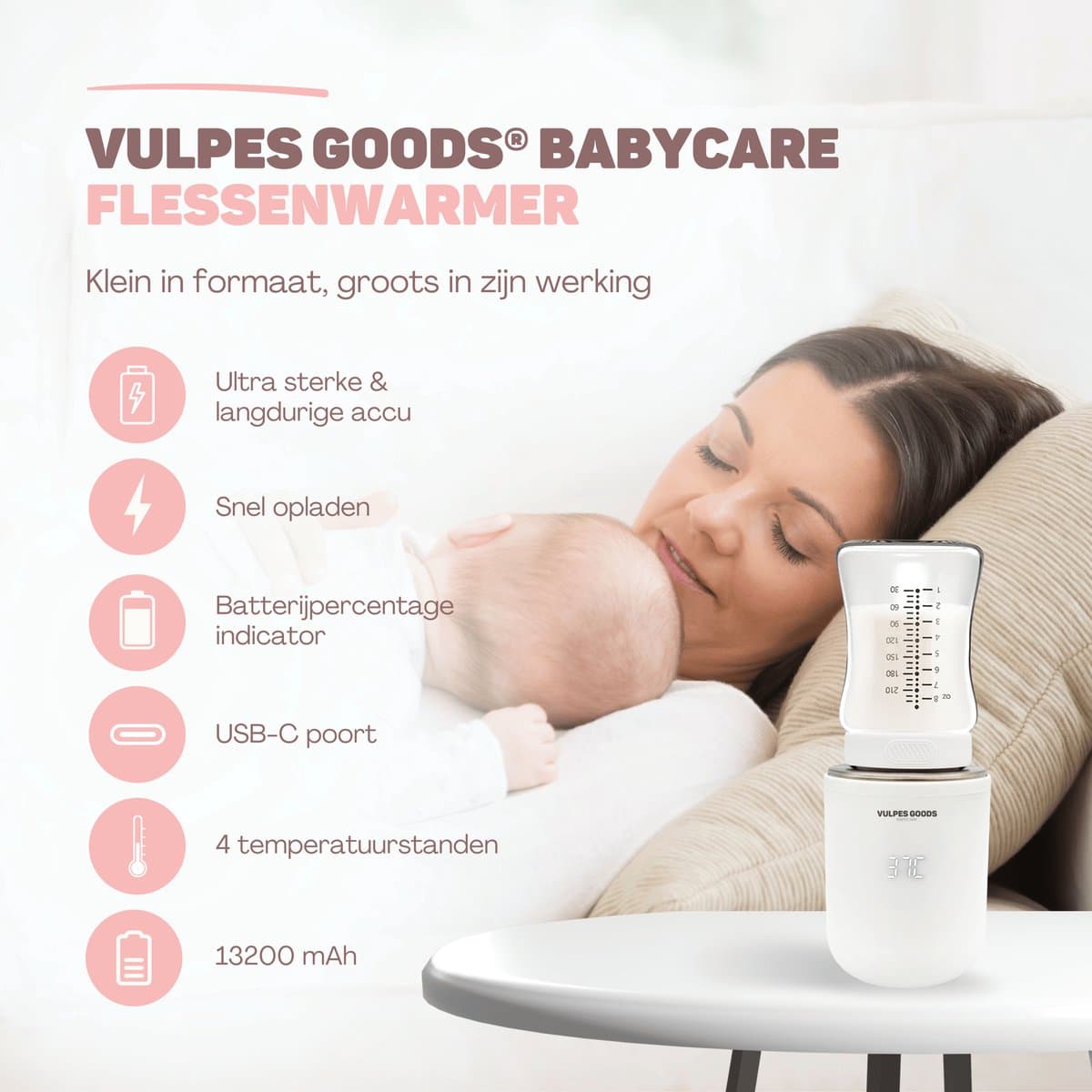 Vulpes Goods® BabyCare - Flessenwarmer Pro - Draagbare Baby Flessenwarmer voor Onderweg - Intelligente Flesverwarmer - 4 Temperatuurniveaus - Draadloos - Inclusief 6 Adapters - USB Oplaadbaar - 13.200 mAh - Wit thumbnail 5