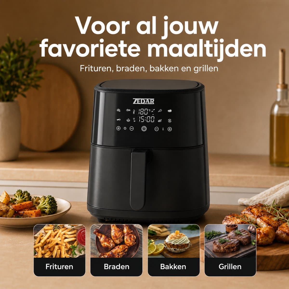 Airfryer XXL - Met APP - Groot 8 Liter - Heteluchtfriteuse - Zwart - Digital Touchscreen - 50 voorgeprogrammeerde gerechten Zedar AF600 thumbnail 6