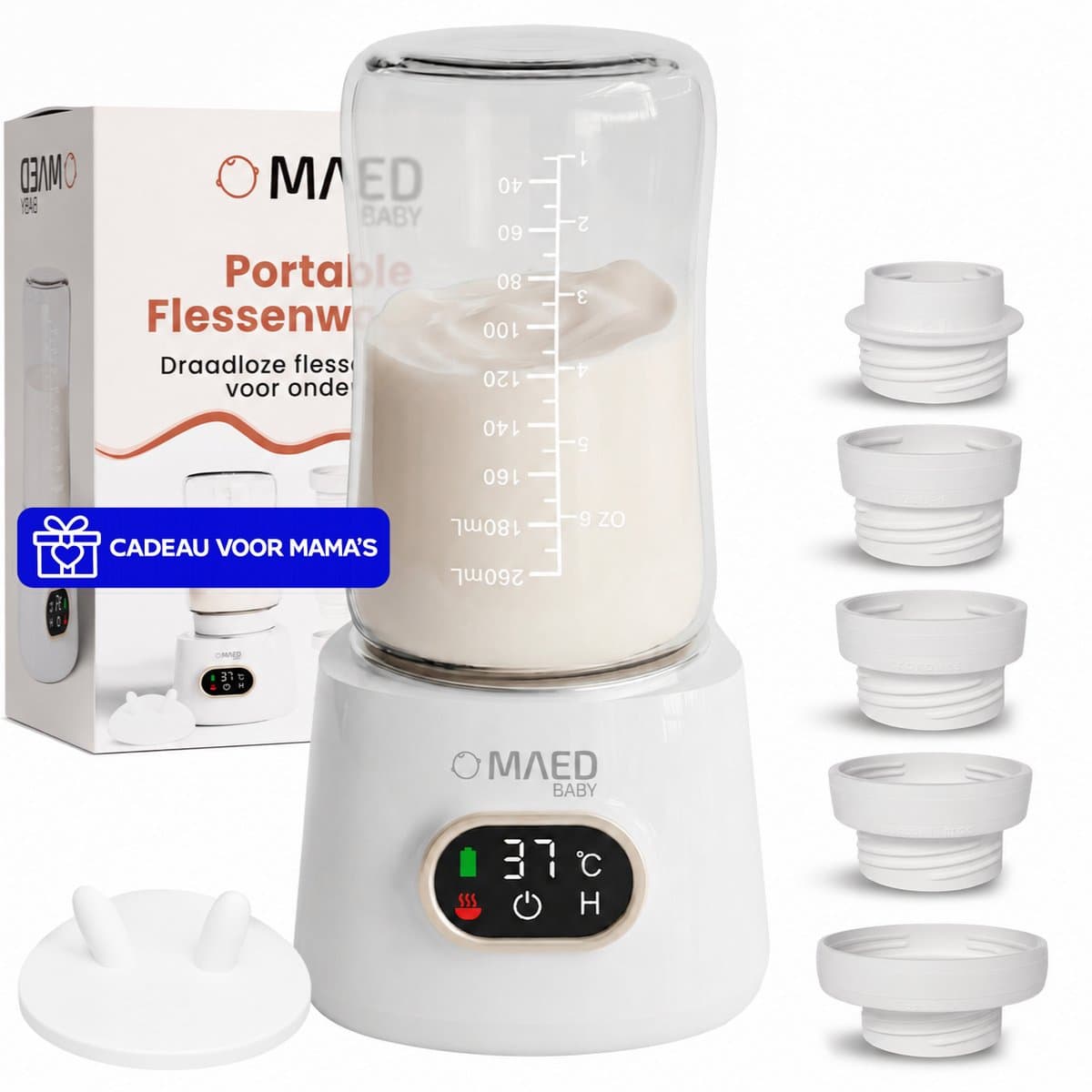 Draagbare Flessenwarmer – Flessenwarmer voor Onderweg – Binnen 3 minuten verwarmd – Draadloos – USB Oplaadbaar – 4 Temperatuurniveaus – Incl. 5 Adapters – 10.000 mAh – Compact – Timerfunctie Voor 's Nachts – Tot 12 Flesjes op 1 Batterij – MAED Baby®