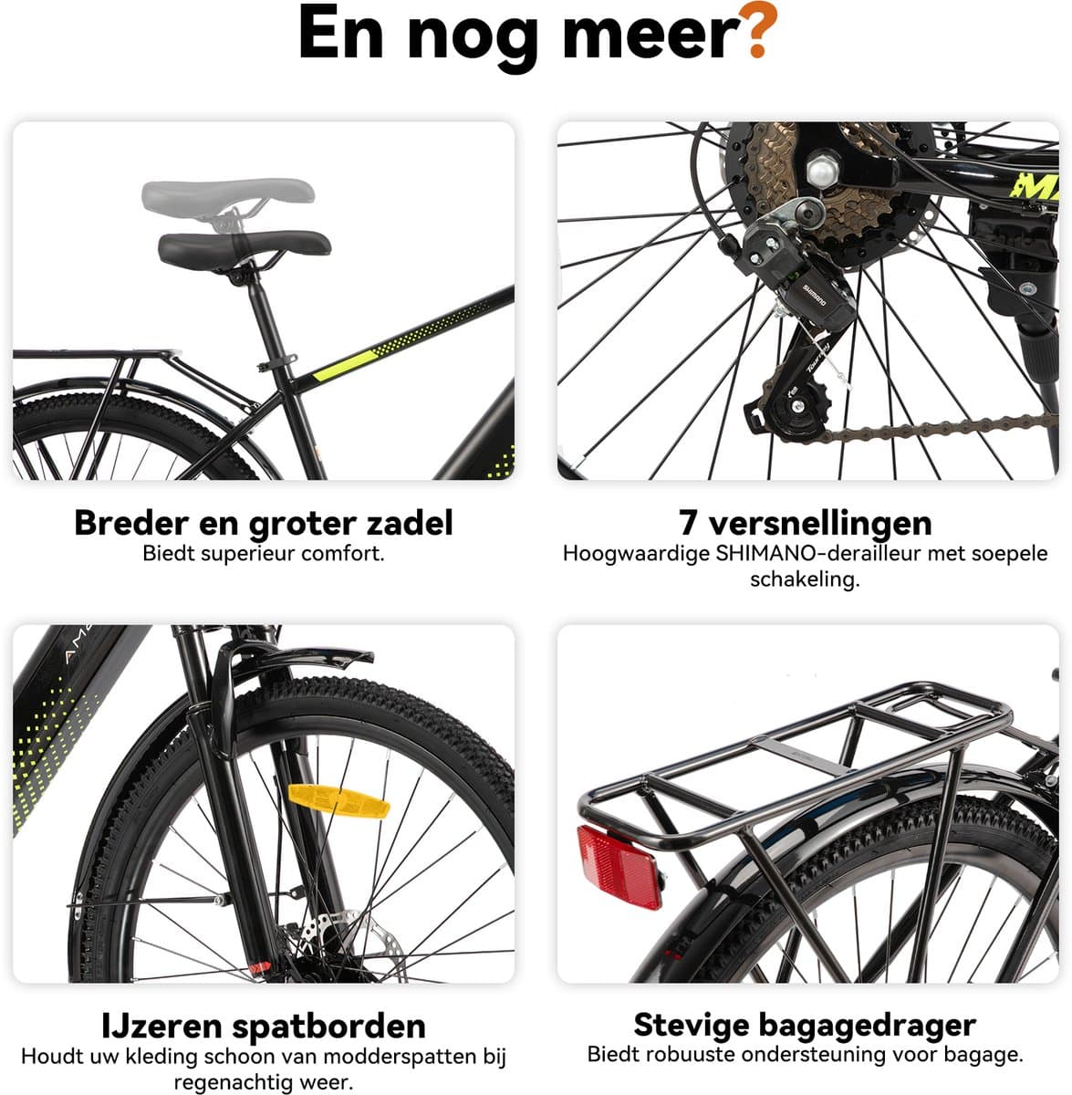 HILAND Matawak elektrische stadsfiets - 26 inch - 250W motor - 60km actieradius - 36V 10.4Ah accu - Shimano 7-versnellingen - Unisex -Geel thumbnail 4
