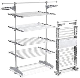 Productfoto van Droogrek Met Wielen - Kledingrek Vlier - Kleding Drogen - 28 Meter Drooglengte - 4 Niveaus - Zilver