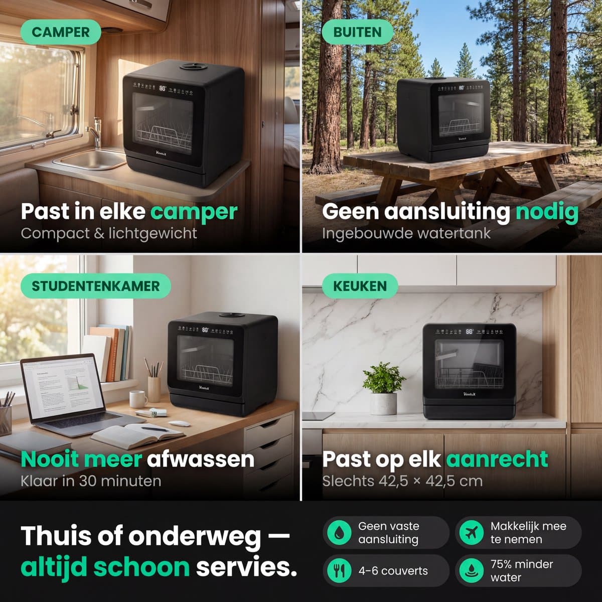 Ventux Mini Vaatwasser met Waterreservoir - 4-6 Couverts - 8 Programma's - Kleine Smalle Vrijstaande Vaatwasser - Mini Afwasmachine met UV-sterilisatie - Camping - Zwart thumbnail 6