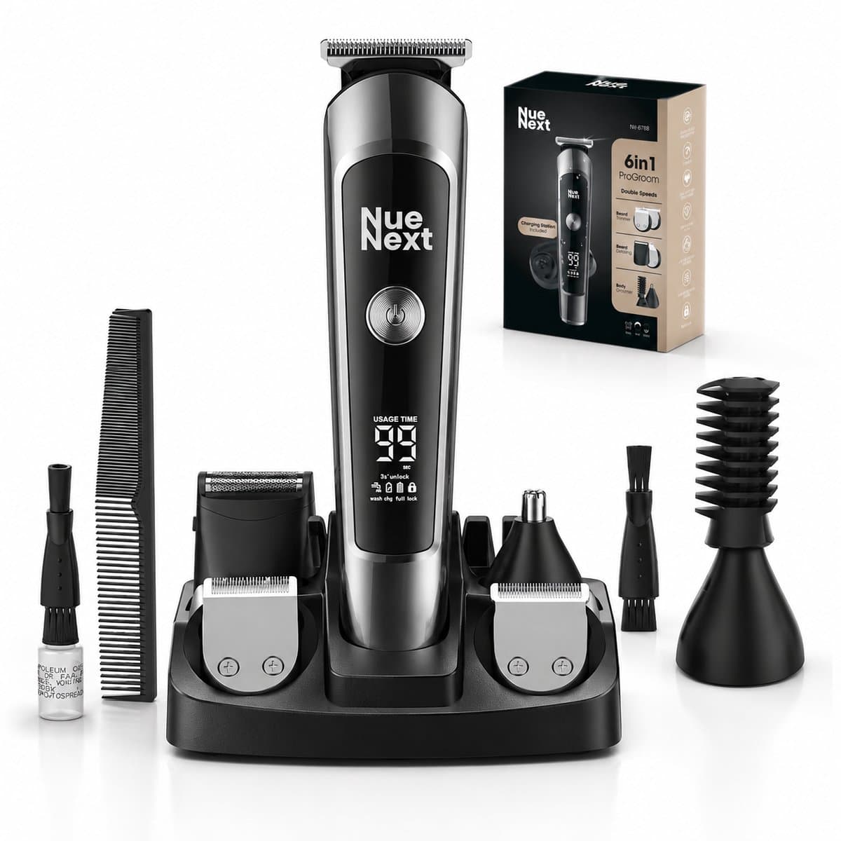 NueNext 6 in 1 Baardtrimmer Mannen PRO - Trimmer Baard & Lichaam - Neustrimmer - Bodygroomer - IPX6 Waterdicht - Incl. 6 opzetstukken