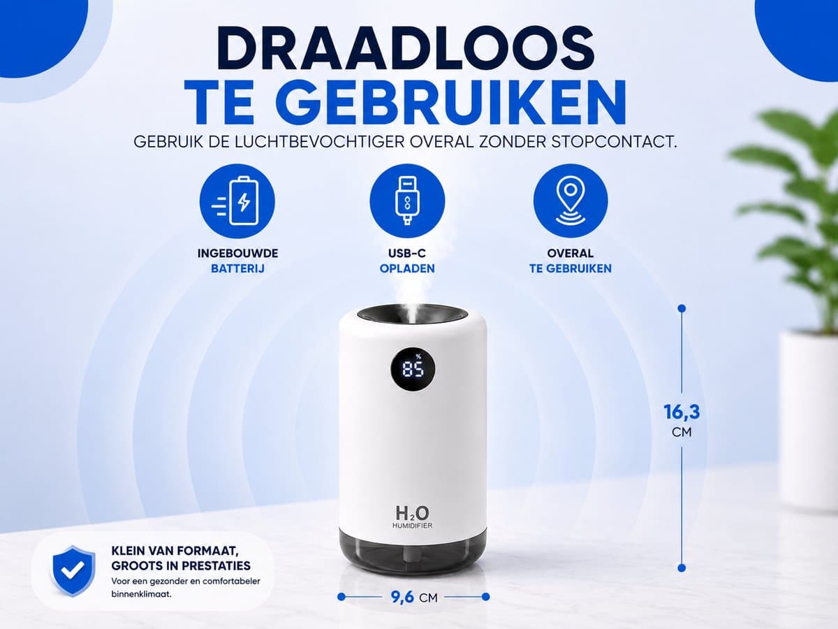 The Care Store Draadloze Luchtbevochtiger 500ML - Voor Slaapkamer, Kantoor & Woonkamer - USB-C Oplaadbaar - LED Display - Wit thumbnail 6