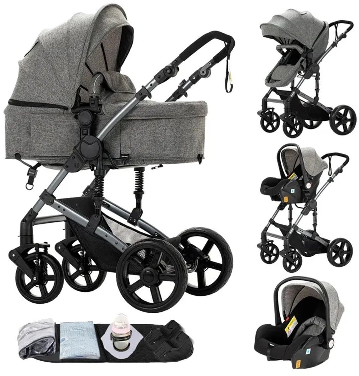 LUMÉ STORE Kinderwagen 3-in-1 - Maxi Cosi - Babywagen - Buggy Opvouwbaar - Hoog Model - Inclusief Wieg & Peuterzitje - Grijs thumbnail 5