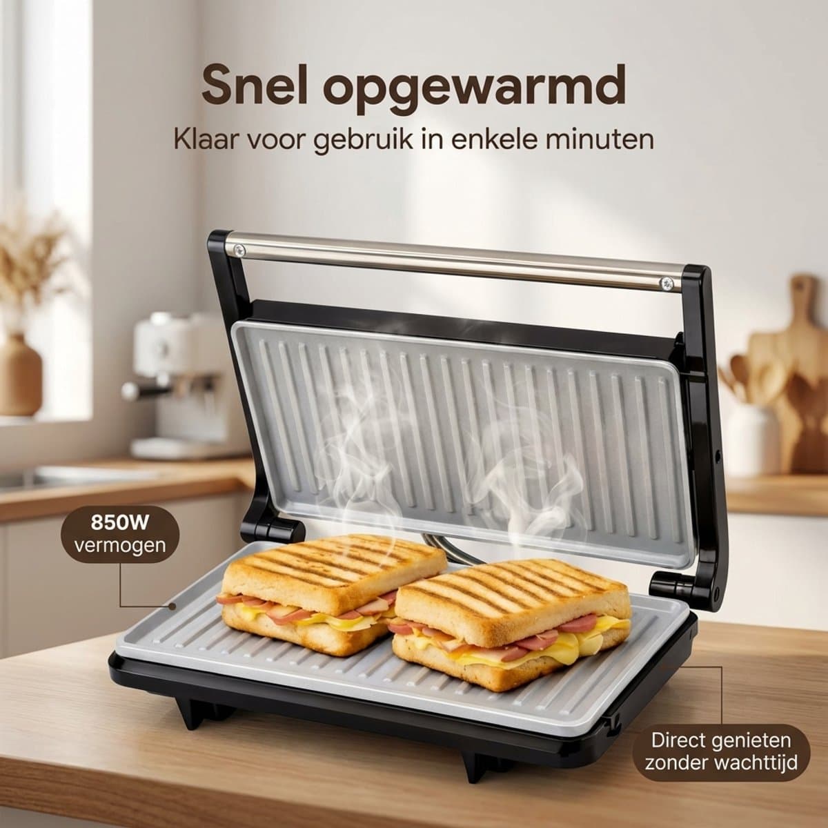 Tosti Apparaat – Contactgrill voor 2 Tosti’s – Uitklapbaar – Panini Grill thumbnail 4