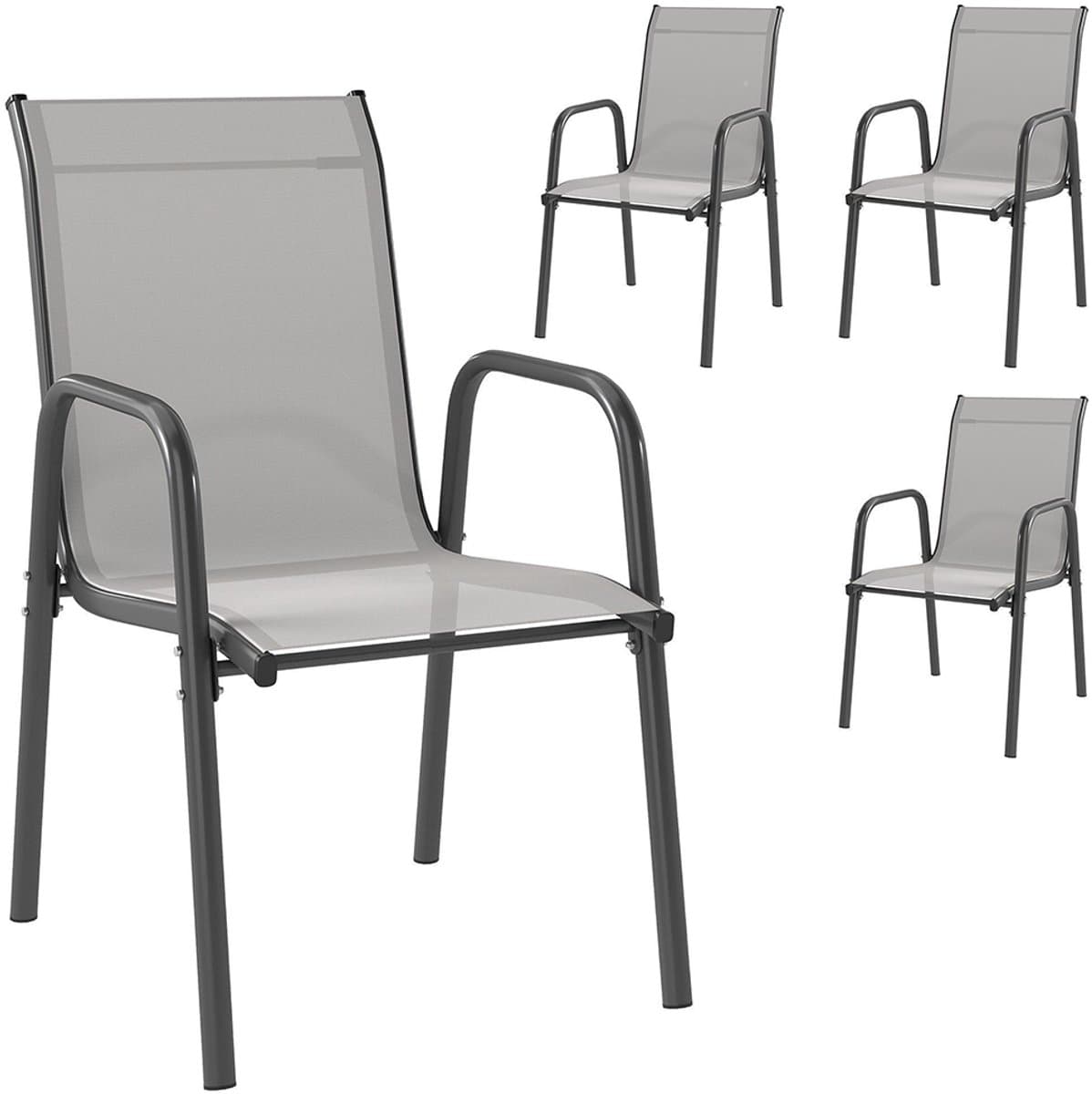Pugsdrly Tuinstoelen, set van 4 stapelbare terrasstoelen met ademende rugleuning, armleuningen, draagvermogen 120 kg thumbnail 2