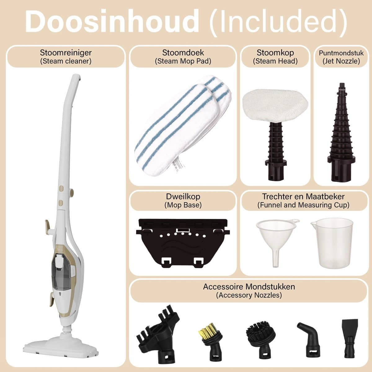 AG Stoomreiniger – 10-in-1 Steam Cleaner – Handstomer – Kledingstomer – Handstoomreiniger – Dieptereiniging voor Vloeren, Badkamer, Tegels, Ramen & Textiel – Vlekkenreiniger – 1500W – 115°C – Inclusief 13 Accessoires – White Gold Edition thumbnail 6