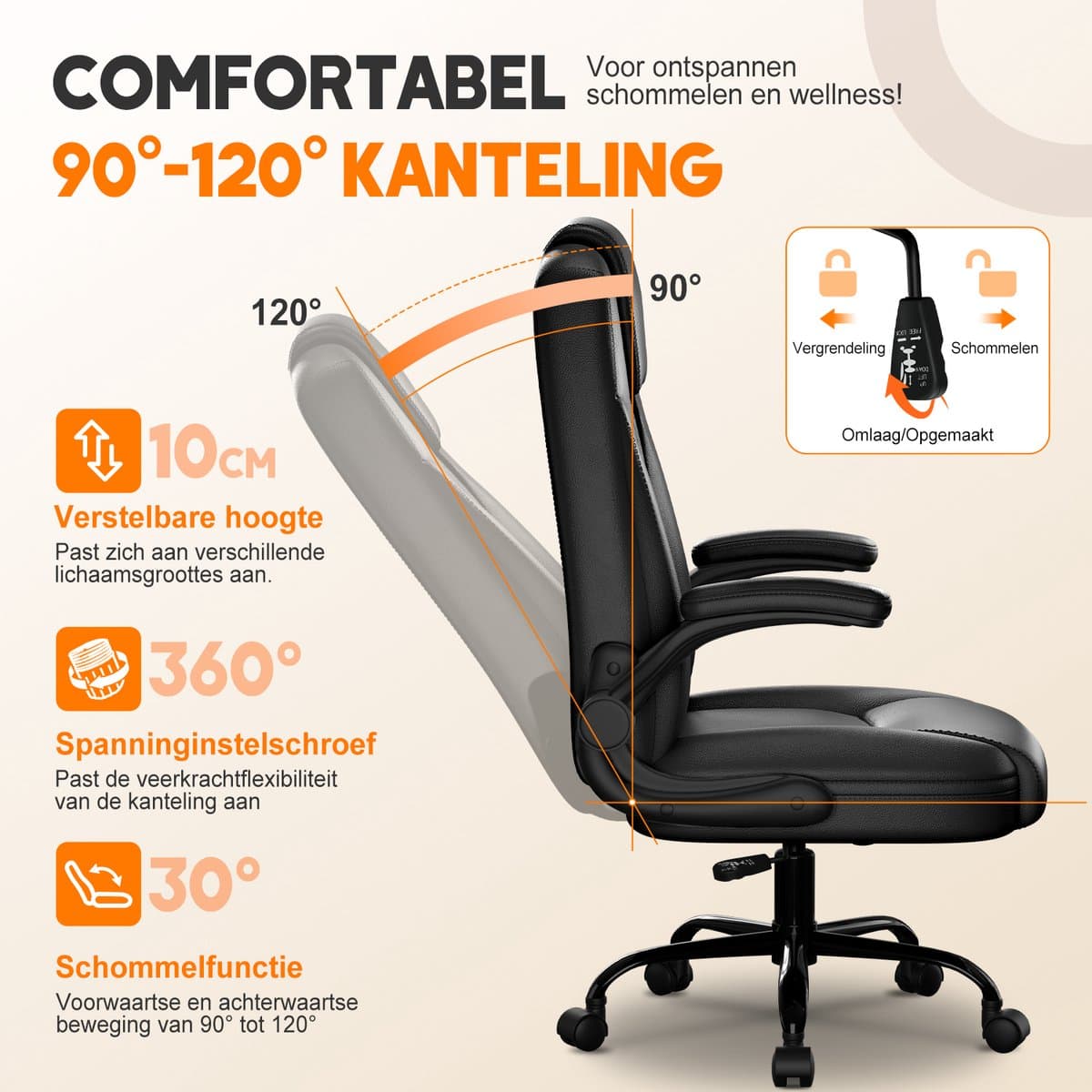 Elekiatech Ergonomische Bureaustoel-Bureaustoel-met 90°-120°Rugleuning Bureaustoelen voor Volwassenen-Inklapbare Armleuningen-Office Chair-Gaming Stoel-150kg - Zwart thumbnail 4