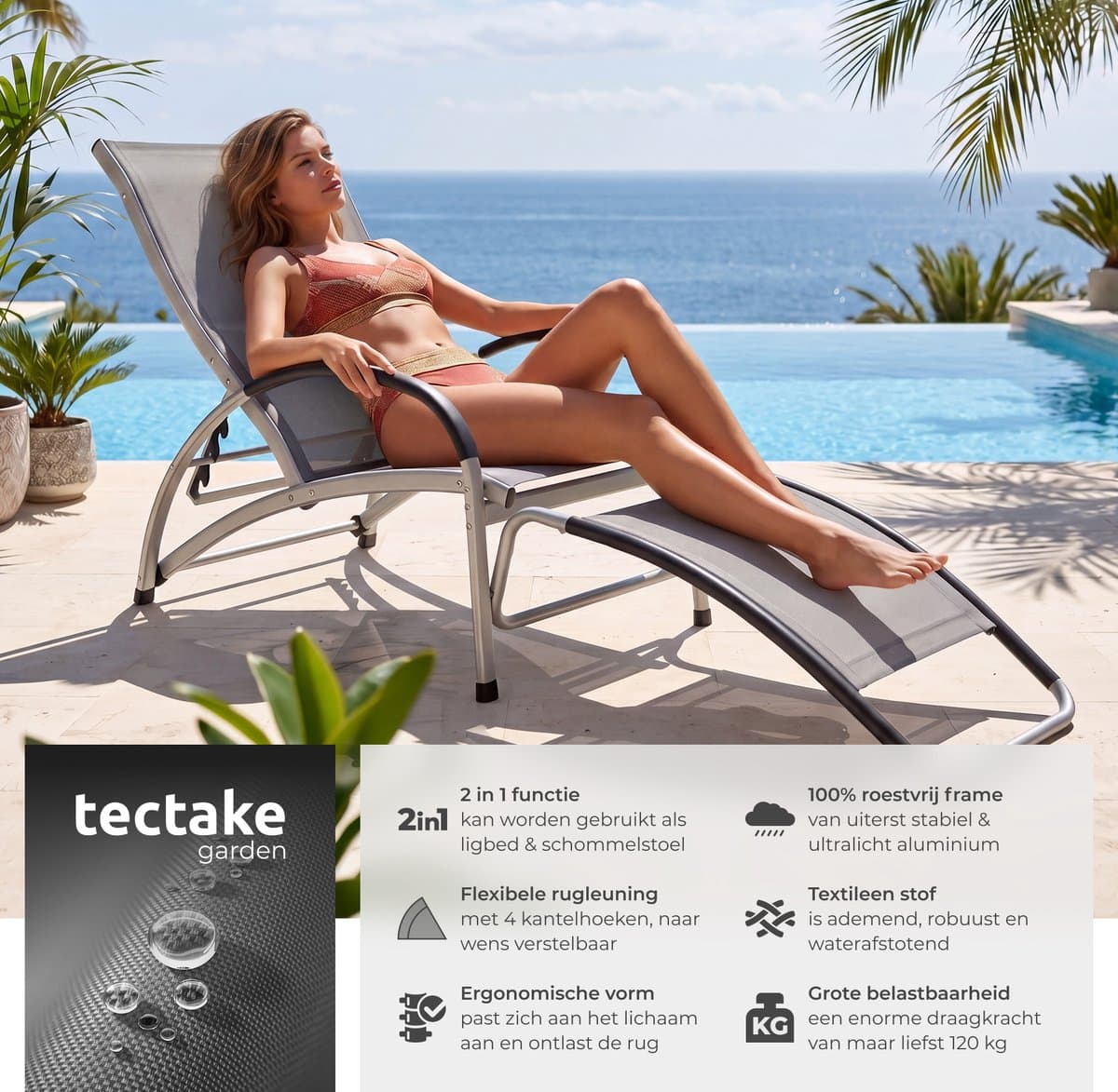 tectake® Ligbed Avignon - 2-in-1 verstelbare ligstoel - Schommelstoel voor buiten - Weerbestendig frame en waterafstotend, luchtdoorlatend weefsel - Tuinstoel - Balkonstoel - 195cm lang - Antraciet thumbnail 2