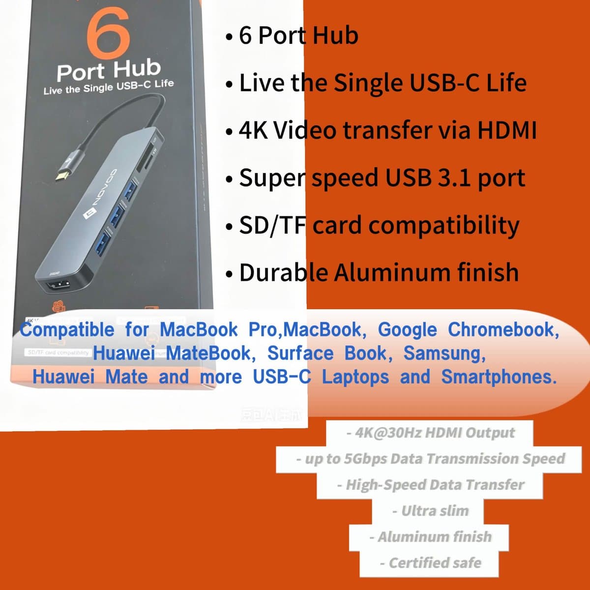 6-in-1 USB-C Hub - 4K HDMI - 3x USB 3.1 - SD/TF Kaartlezer thumbnail 2