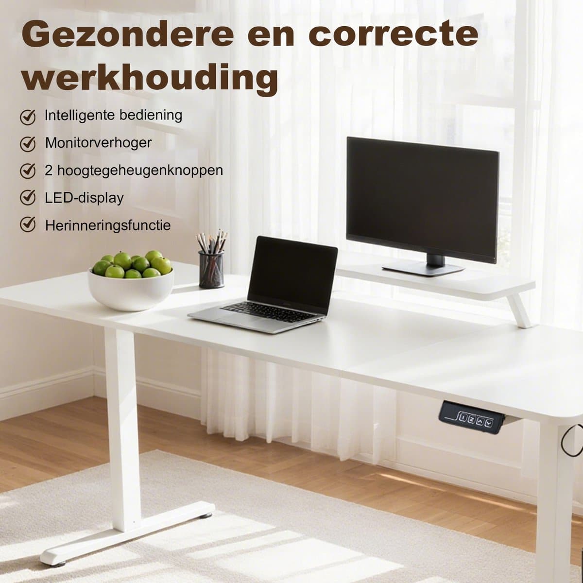 Elektrisch Verstelbaar Bureau 120×60 cm – Hoogte Verstelbaar 73-118 cm – Sta Zit Bureau Met Vaste Monitor Verhoger – Belastbaar 80 kg thumbnail 3