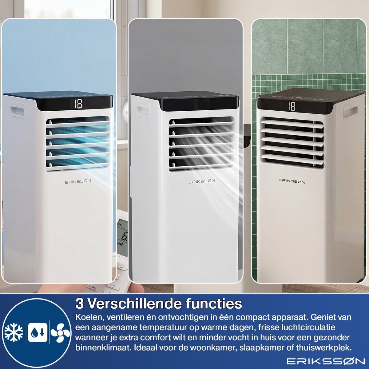 Erikssøn Mobiele Airco - 10.000 BTU - Incl. Raamafdichtingskit - Tot 30m² - 4-in-1 - Airconditioning - Ventilator - Ontvochtiger - Wit thumbnail 8